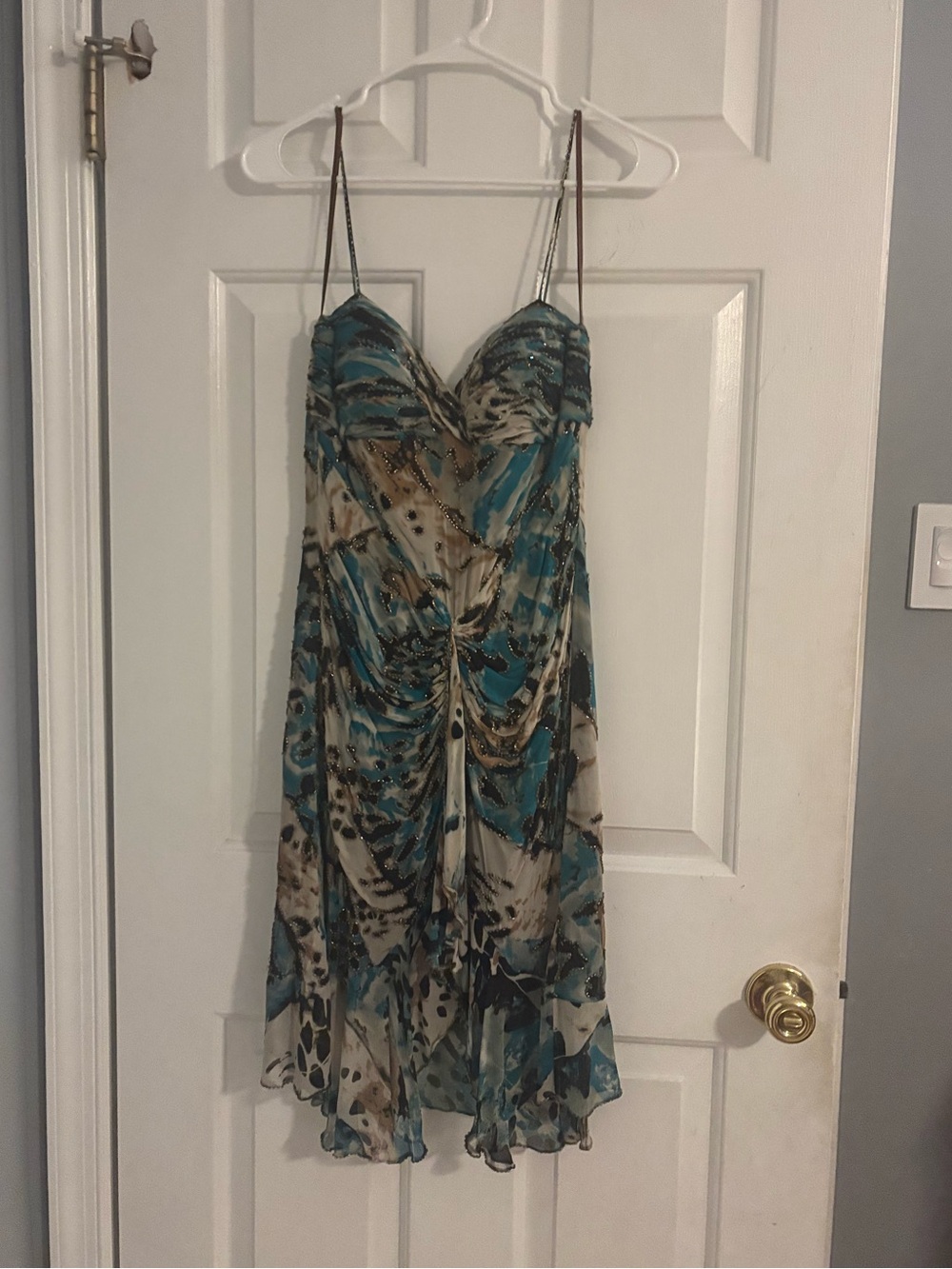 Alberto Makali Teal and Beige Strapless Ruched Chiffon Dress
